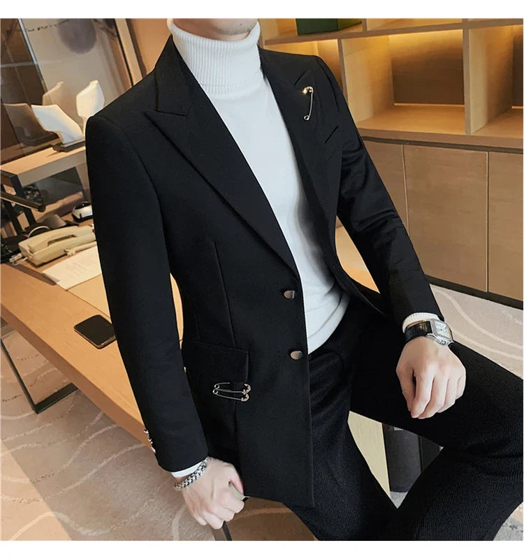Autumn Pin Decoration Men Blazers Casual Suit Jacket Single Breasted Streetwear Social Business Dress Coat Wedding Groom Jacket