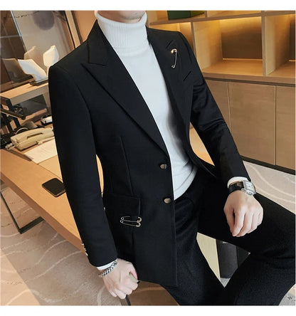 Autumn Pin Decoration Men Blazers Casual Suit Jacket Single Breasted Streetwear Social Business Dress Coat Wedding Groom Jacket