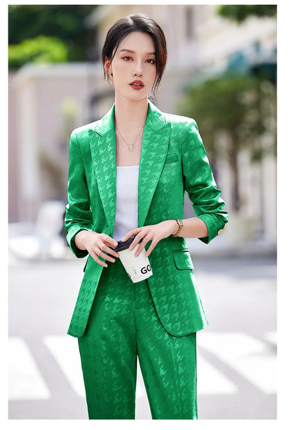 Fashion Ladies Formal Pant Suit Women Houndstooth Single Button Jacket And Trouser Female Business Work Wear 2 Piece Blazer Set