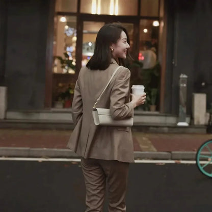 Elegant Brown Women's Suit Jacket Vest Pants Autumn New Style Hostess Sound Art Examination Workwear High Waist Long Pants Set