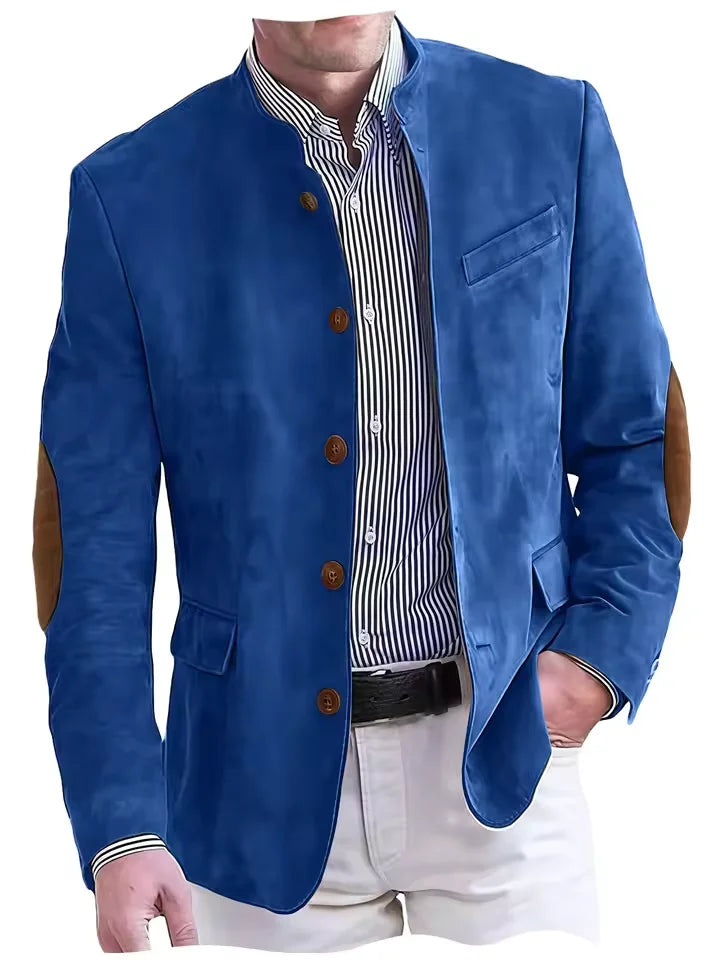 Vintage Men's Suede Blazer Elbow Patch Slim Fit Mandarin Collar Textured Fabric Jacket Business Casual Wedding Party Coat