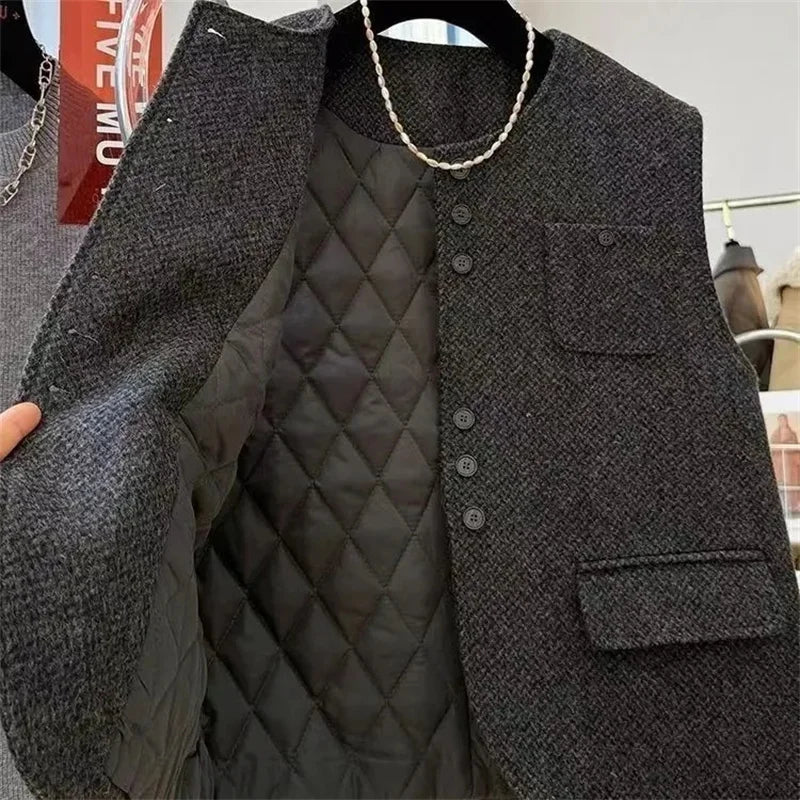 Women O- Neck Woolen Vest Coat European Female Cardigan Cotton Waistcoat Jacket Autumn Ladies Fashion  Sleeveless Tops Outwear