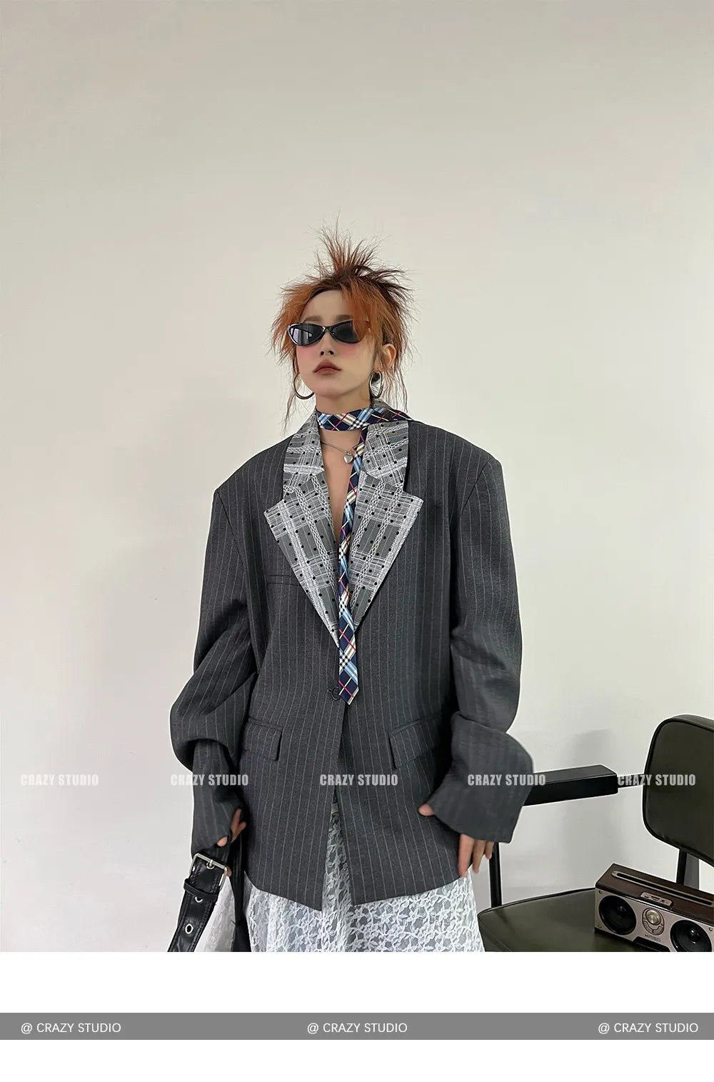 Women's Dark Grey Striped Blazer Jacket Y2k 2000s Vintage Suit Coat Fashion Casual Long Sleeve V-Neck Oversize Outerwear Autumn