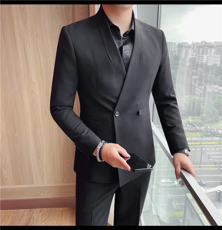 Autumn Winter Collarless Gentleman's Suit Jacket Men's Dinner Party Formal Dress Coats Blazers Wedding Business Suit Jackets