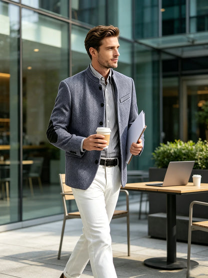 Vintage Men's Mandarin Collar Herringbone Tweed Blazer with Leather Elbow Patch Wool Blend Business Casual Slim Fit Suit Jackets