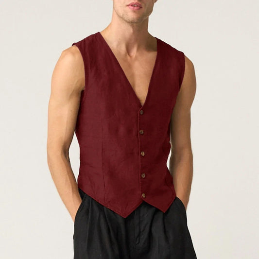 Men's Linen Vest Single Breasted V-Neck Sleeveless Waistcoat for Smart Casual Wear