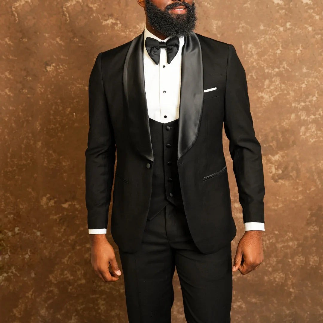 Men Suit Black 3 Pieces Single Button With Bright Lapel For Wedding Party Birthday Banquet Business Work Jacket Vest Pants