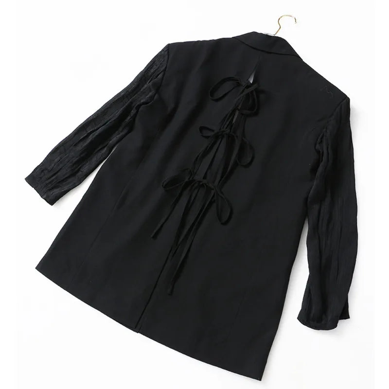 Women Chic Blazer Pleated Long Sleeves Single Breasted Notched Collar Back Lace-up Elegant Ins Coat New Spring 2026 HK19456