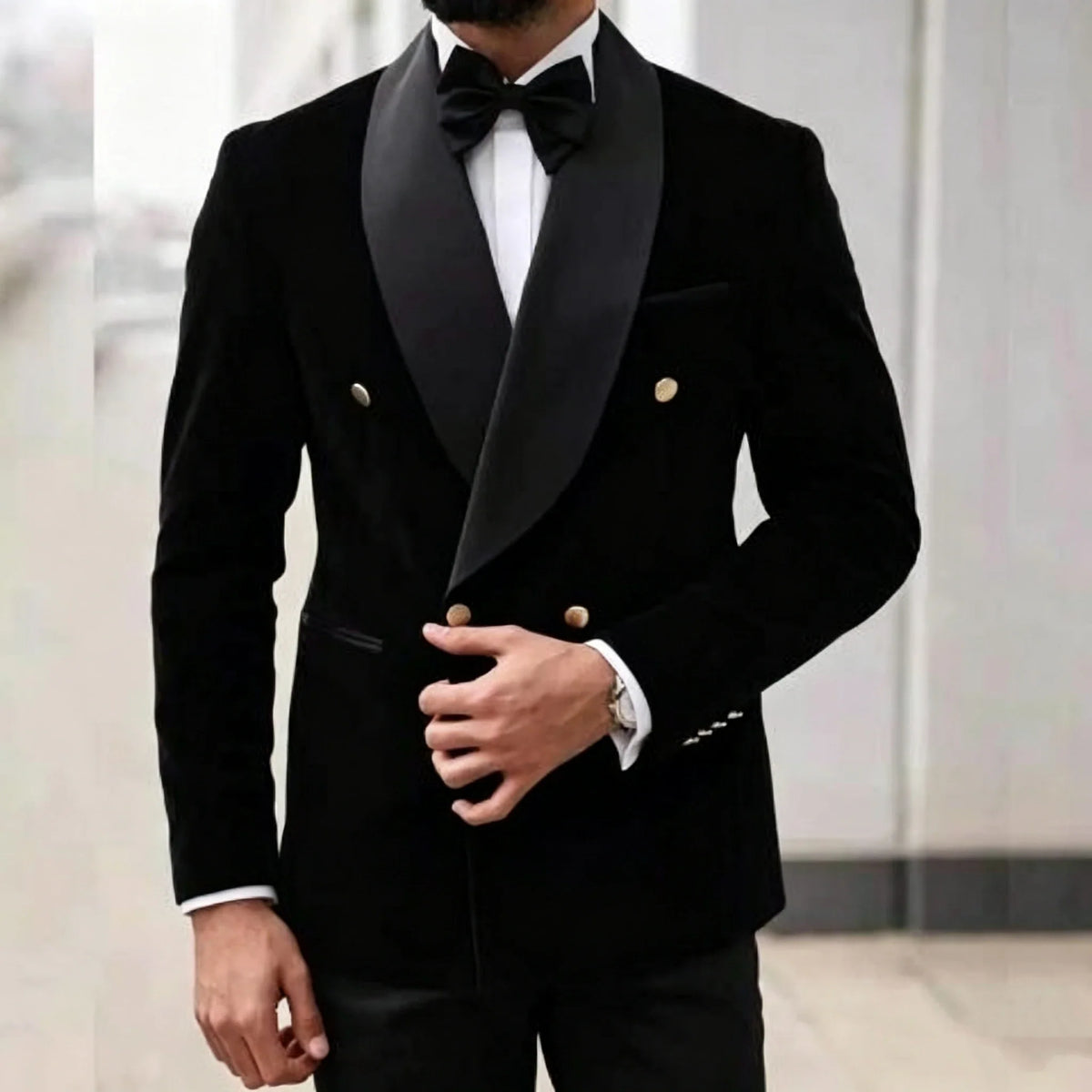 2 Pieces Black Velvet Suits for Men Shawl Lapel Double Breasted Blazer Pants Wedding Groom Tuxedos Men Outfits for Party Prom