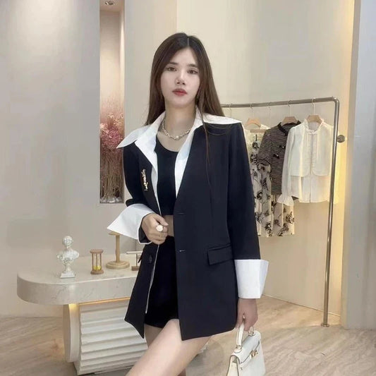 Korean Style Women's 2025 New Arrival Fake Two Piece Blazer Color Block Loose Fit Elegant Versatile Spring Autumn Suit Top