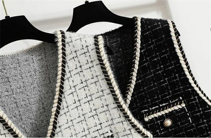 Women V-neck Tweed Sleeveless Vest Female Splicing Together Waistcoat Top Autumn Lady Lmitation Mink Fur Vest Jacket