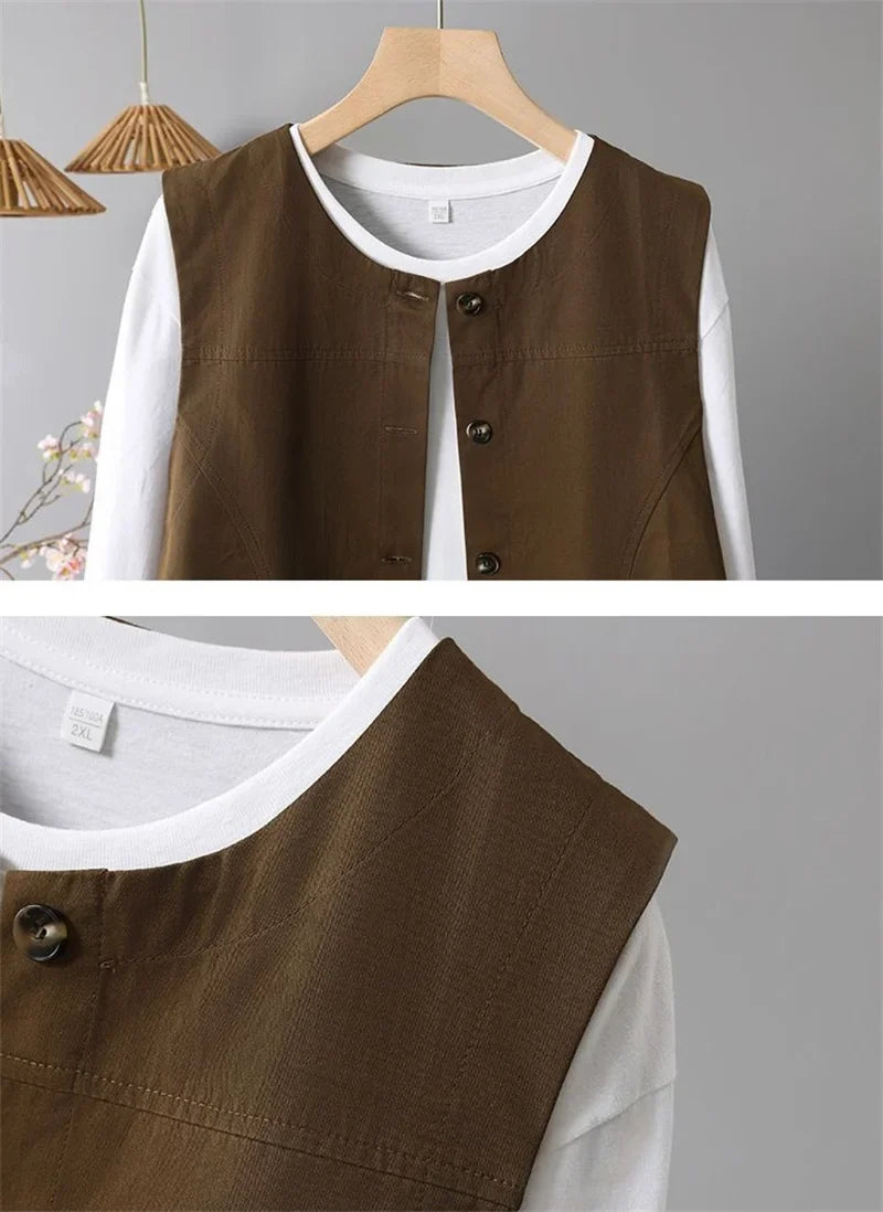 Spring Femme Fashion Vest Outwear Retro Ladies Solid Color Casual Sleeveless Jacket Autumn Women Round Neck Loose Waistcoat Coat