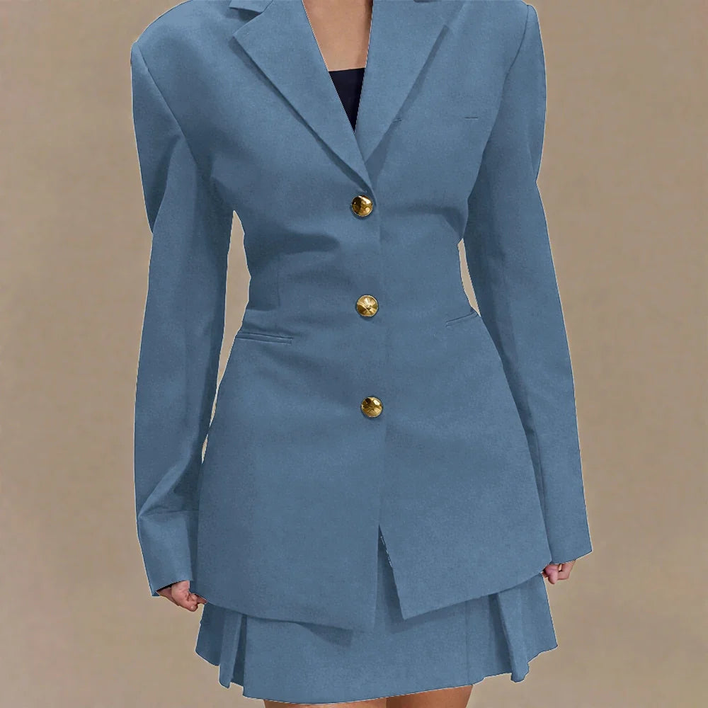 Women's Pleated Skirt Suit Set 2025 2Pieces(Tailored Blazer&High Waist Skirt) Office Chic Single-breasted Notch Lapel Outfit