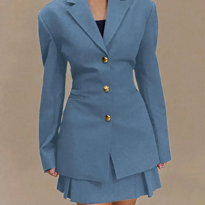 Women's Pleated Skirt Suit Set 2025 2Pieces(Tailored Blazer&High Waist Skirt) Office Chic Single-breasted Notch Lapel Outfit