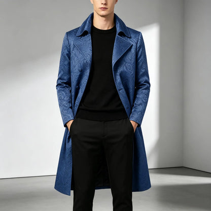 Men Luxury Jacquard Long Trench Coat Lapel Formal Overcoat Outerwear For Wedding Prom Banquet Club Evening Business Stage Party