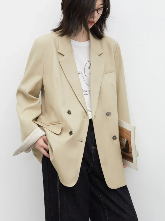 New Women Blazers Loose Casual Retro Double Breasted Female Suit Jacket Plus Size Spring Autumn 2026 Outerwear
