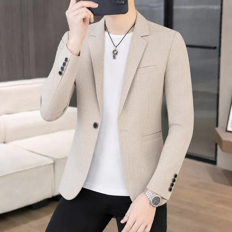 Men's Single-Breasted Blazer Smart Casual Slim Fit Jacket for Men Spring Autumn Blue Khaki Black