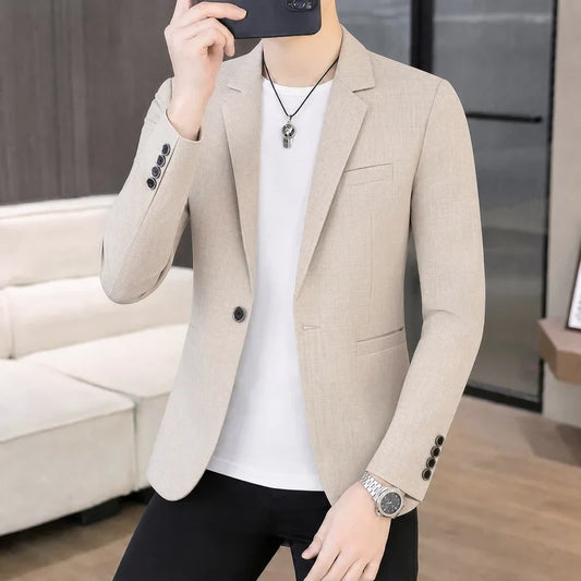 Men's Single-Breasted Blazer Smart Casual Slim Fit Jacket for Men Spring Autumn Blue Khaki Black