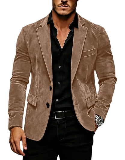 Vintage Men's Suede Blazer Slim Fit 2 Button Notched Lapel Casual Suit Jacket Formal Business Tuxedo Wedding Party Daily Wear