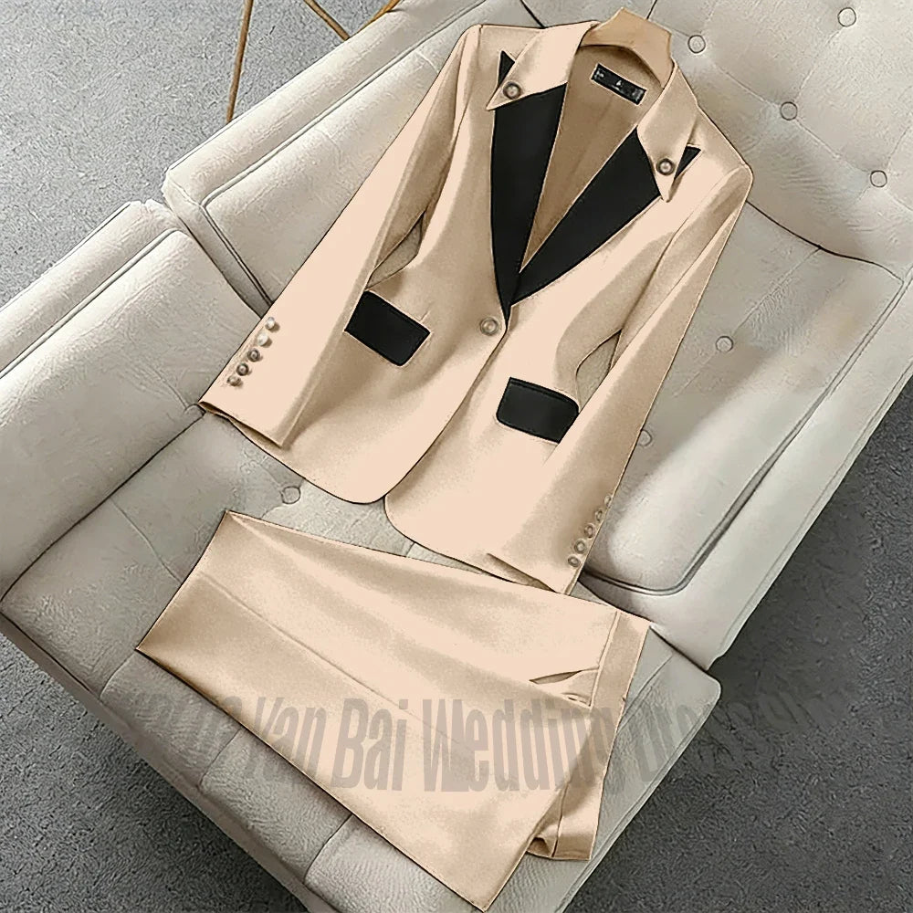 New Unique Women Pant Suit Contrast Color Modern Outfit One-Button Peaked Lapel Casual Fashion Daily Female Clothes Set 2 Piece