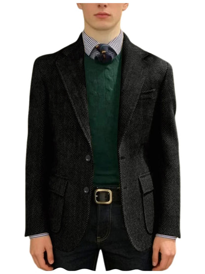 Men's Herringbone Tweed Blazer Classic Fit 2-Button Notch Lapel Flap Pockets Suit Jacket Casual Daily Business Men Sport Coat