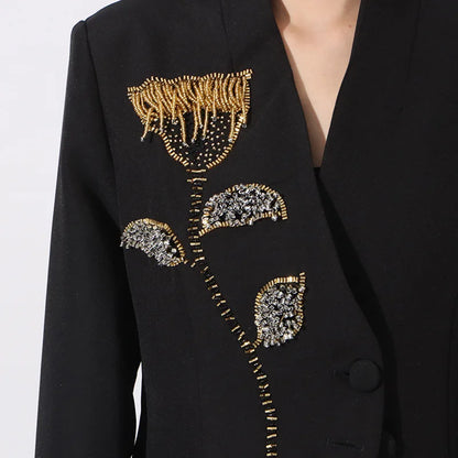 Spring Autumn New Women Blazer V-neck Single Breasted Beaded Flower High-End Slim Fit Elegant Fashion Tide Ins Coat HK16437