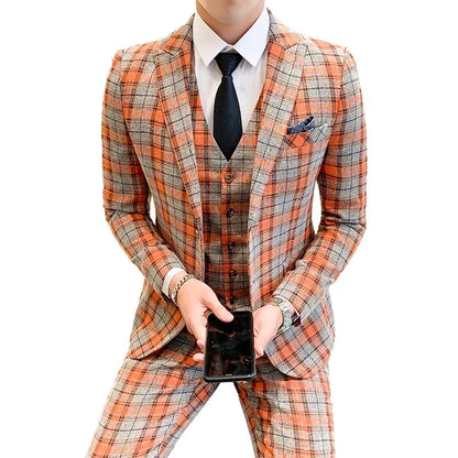 Men's 3-Piece Suit Slim Fit Single Breasted Wedding Business Blazer Set – Orange Red, Matcha Green, Light Yellow