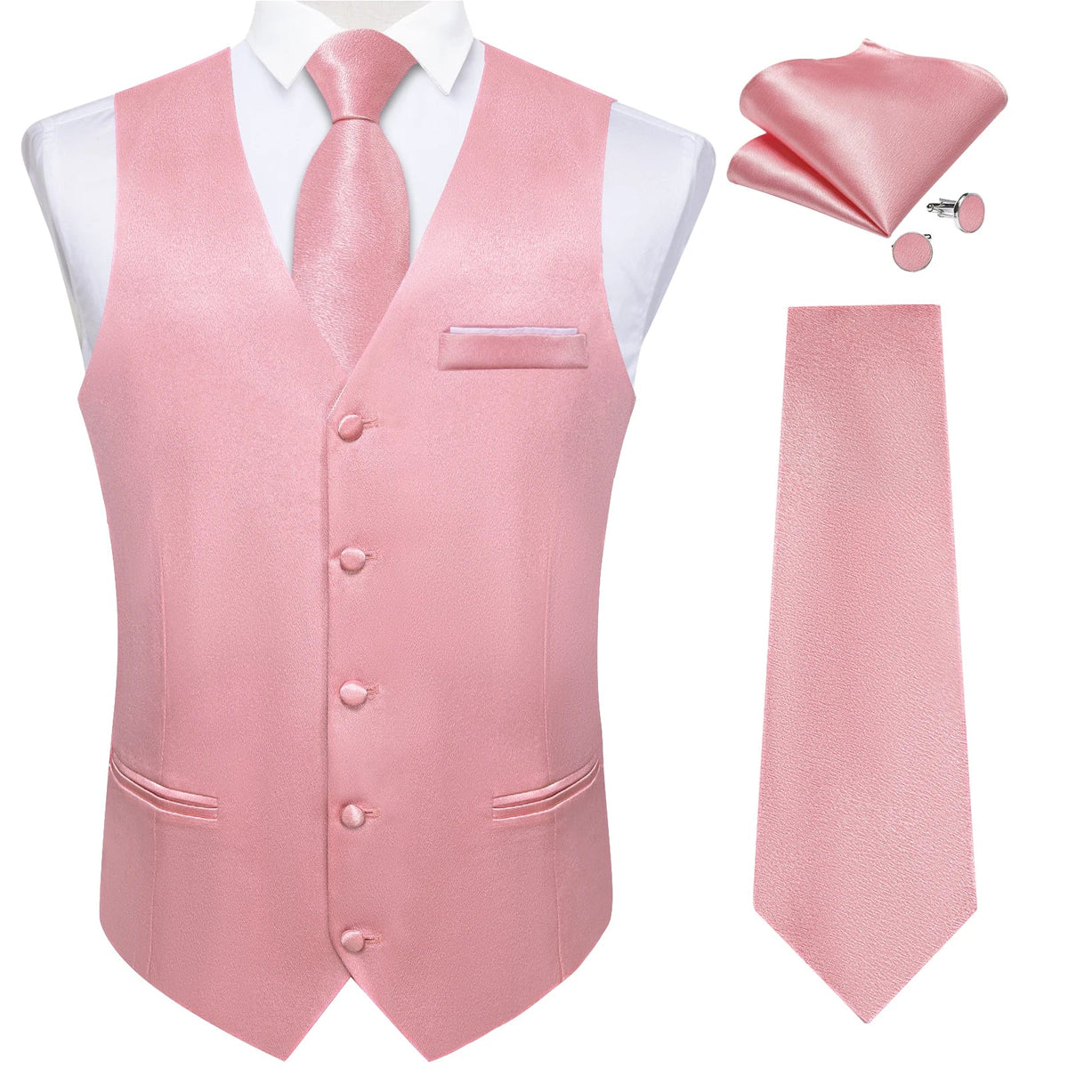 Men's Satin Suit Vest Set with Tie Handkerchief and Cufflinks for Wedding and Prom