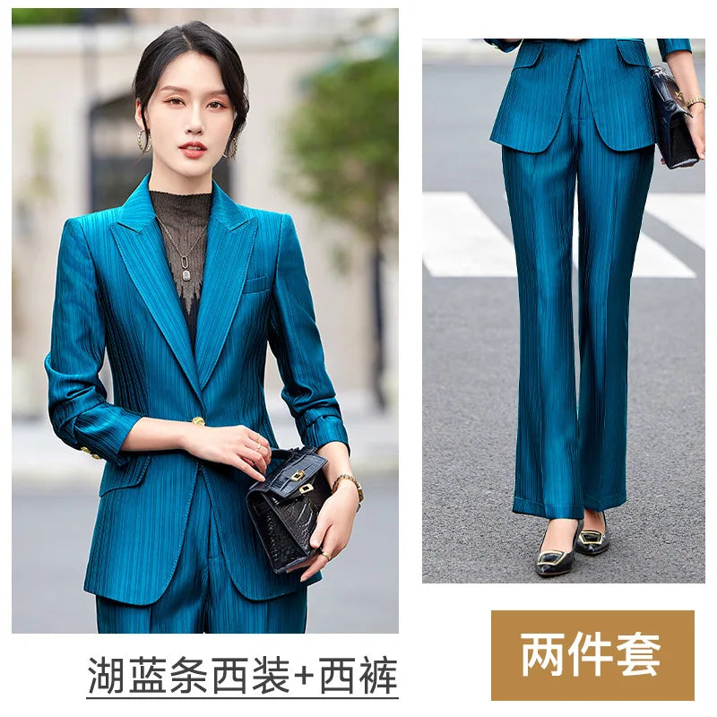 Professional Women's Suit2024New Autumn Green Striped Acetate Suit Workwear Elegant High-end Workplace Formal Wear
