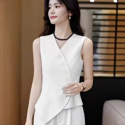 Office Female Suits Vest Coat Spring Summer V-Neck Diagonal Buckle Sleeveless Blazers Jacket Women Fashion Thin Slim Waistcoat