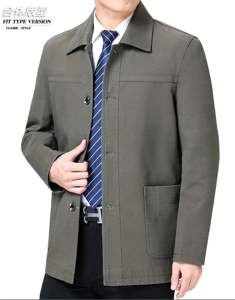 Men's Middle-Aged Cotton Jacket Spring Autumn Lapel Trench Coat Large Size with Buttons Fashionable Classic Outerwear