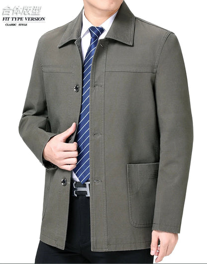Men's Middle-Aged Cotton Jacket Spring Autumn Lapel Trench Coat Large Size with Buttons Fashionable Classic Outerwear
