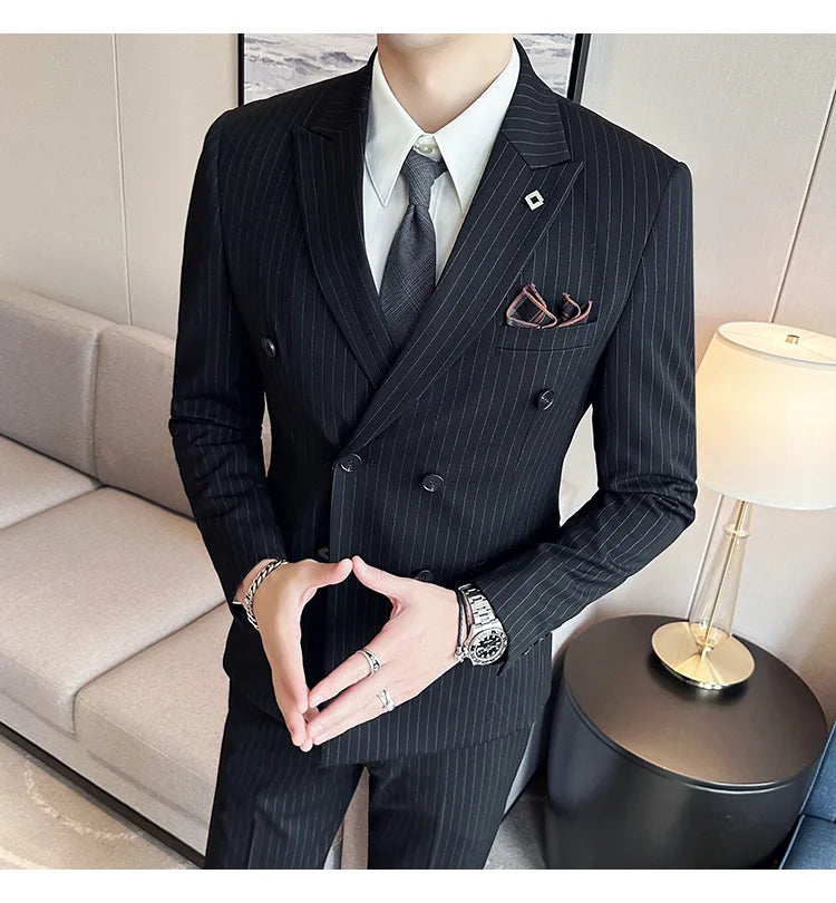 (Jacket + Vest + Pants)Three Piece Set Men Blazers Set stripe Suits Busines Casual Slim Fit Formal Dress Groom Tuxedo Wedding
