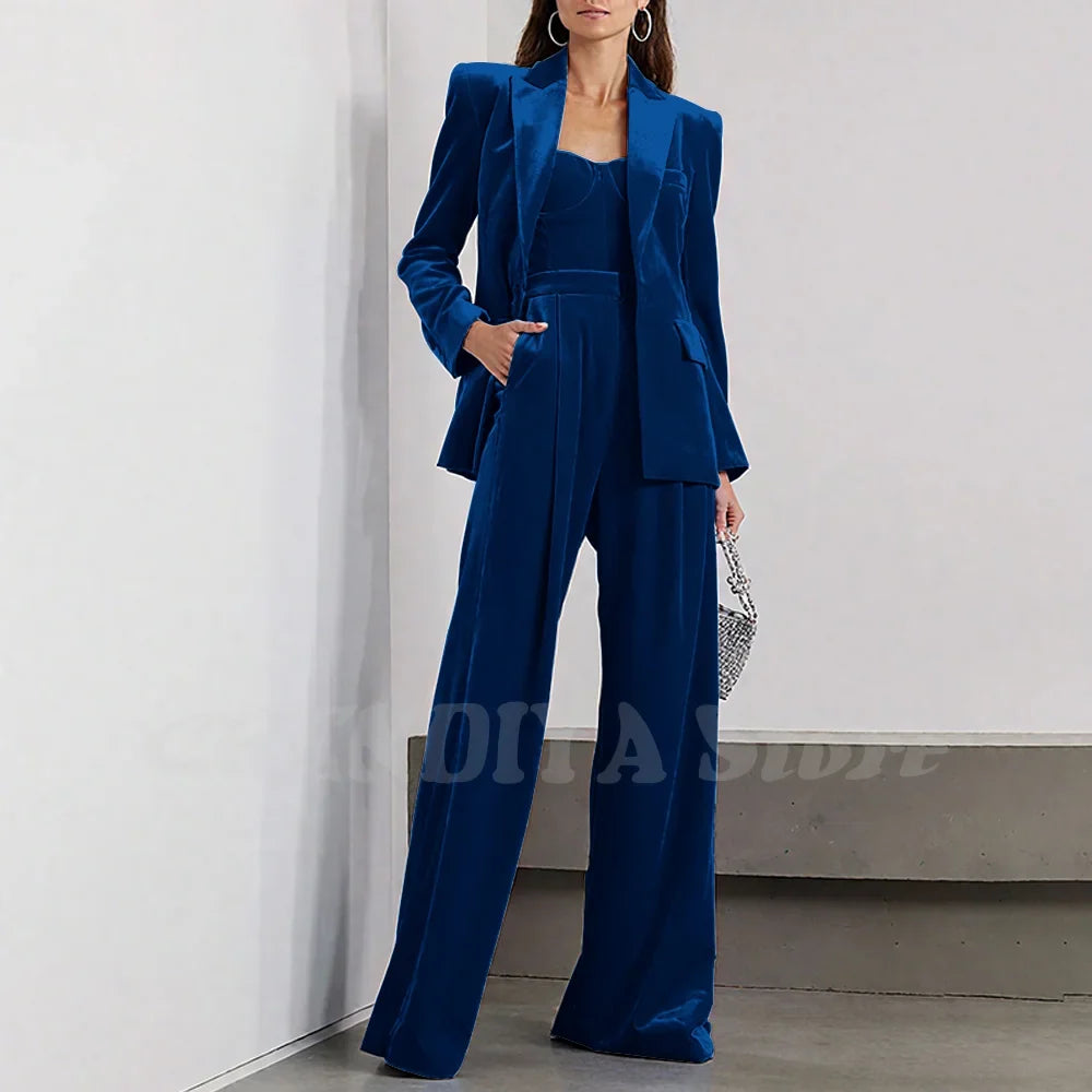 Velvet Women Pants Sets 2 Piece Fashion Peak Lapel Single Breasted Wear Chic Party Casual Office Lady Suits (Blazer+Pants)
