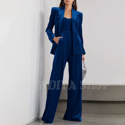 Velvet Women Pants Sets 2 Piece Fashion Peak Lapel Single Breasted Wear Chic Party Casual Office Lady Suits (Blazer+Pants)