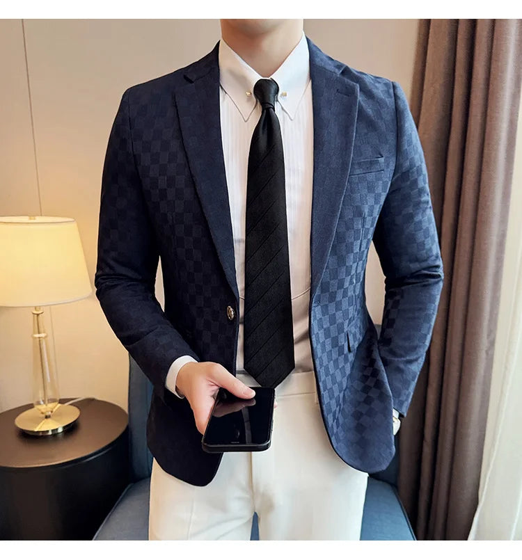 2024 Spring Plaid Blazers Men Single Breasted Casual Business Suit Jacket Fashion Slim Social Banquet Wedding Groom Dress Coats