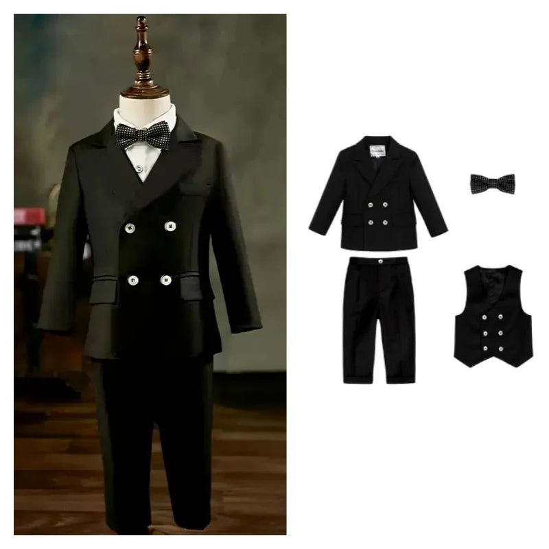 1-11 Years Boys Spring 4Pieces /Set Jacket Vest Pants Bowtie Wedding Suit Gentle Kids Birthday Dress Children Piano Host Costume