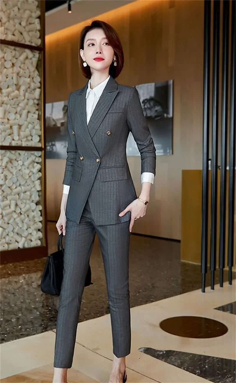Elegant Office Ladies Two Piece Sets Womens Outifits 2025 New Double Breasted Long Sleeve Blazers Loose Casual Pant Suits
