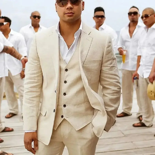 Custom Champagne Linen Men Suits Casual Summer Tuxedo Slim Fit Blazer Beach Wedding Jacket 3 Piece Set Trajes De Hombre