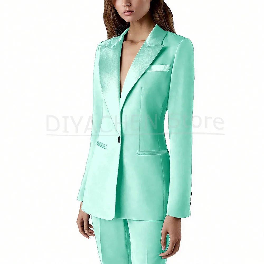 Pants Sets 2 Piece Fashion Satin Peak Lapel Single Button Solid Color Outfits Chic Casual Slim Daily Office Women's Suit