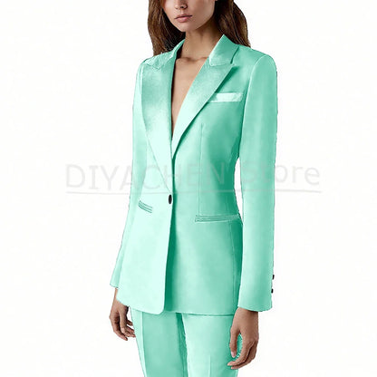 Pants Sets 2 Piece Fashion Satin Peak Lapel Single Button Solid Color Outfits Chic Casual Slim Daily Office Women's Suit