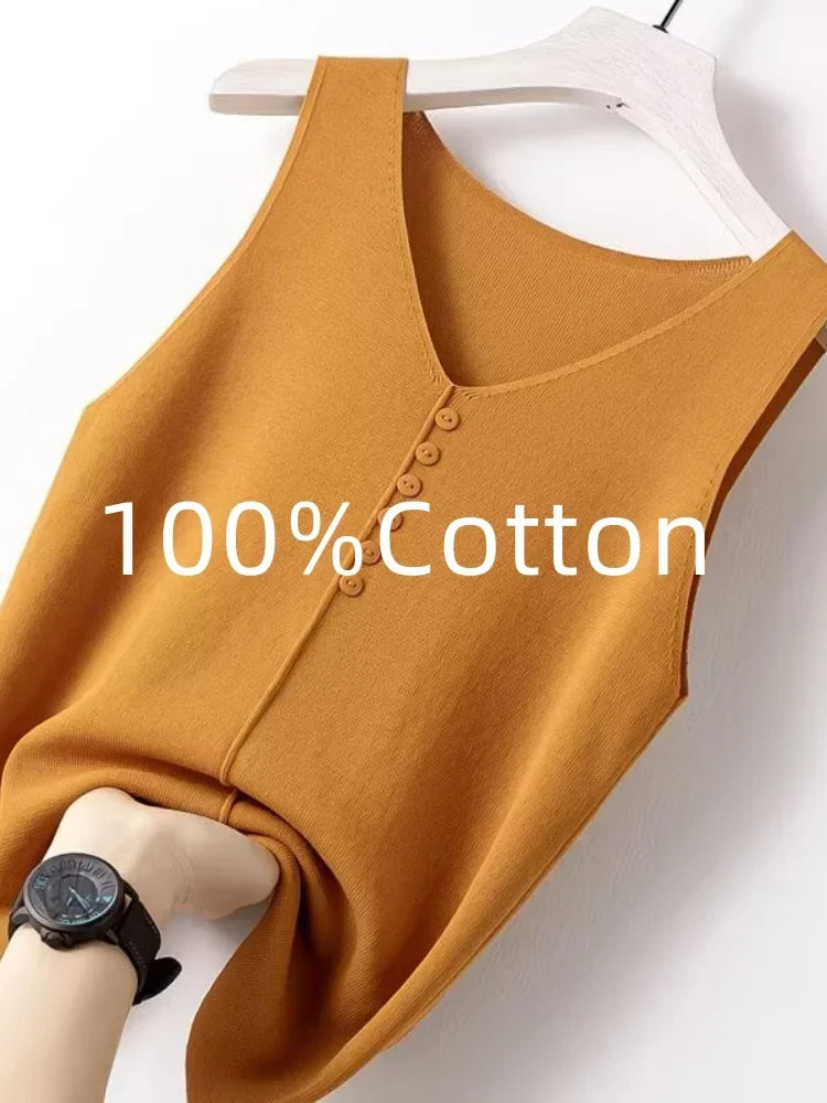 Summer Women's Tank Top Silk V-neck Wide Shoulder Strap Color Knitted Shirt Sleeveless Top Student Ice Silk Vest