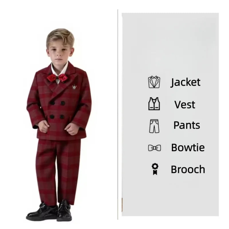 Flower Boys Wedding Outfit Kids Spring Autumn Jacket Vest Pants Bowtie Brooch 5Pieces Suit Set Children's Performance Costume