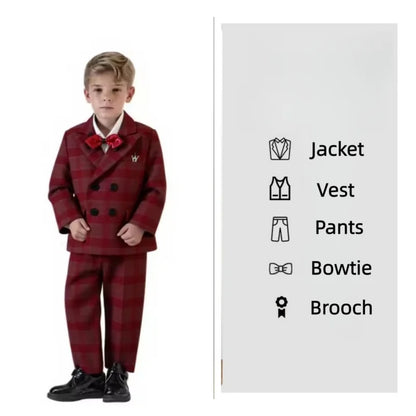 Flower Boys Wedding Outfit Kids Spring Autumn Jacket Vest Pants Bowtie Brooch 5Pieces Suit Set Children's Performance Costume