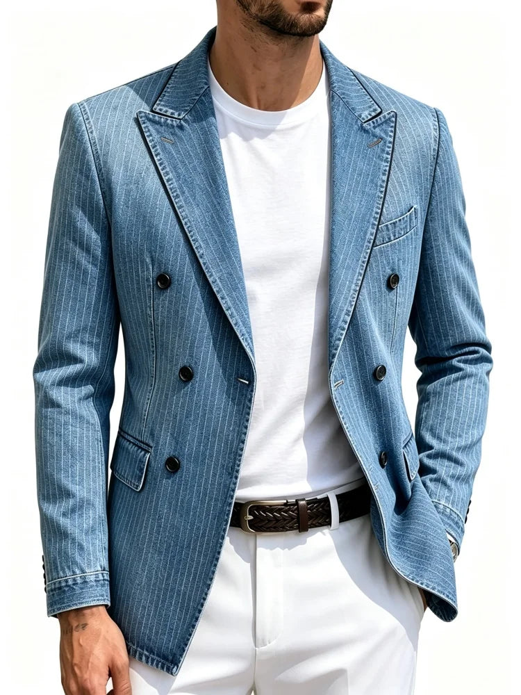 Mens Light Blue Faux Denim Pinstripe Double Breasted Blazer Peak Lapel Slim Fit Suit Jacket Men Casual Business Sport Coat