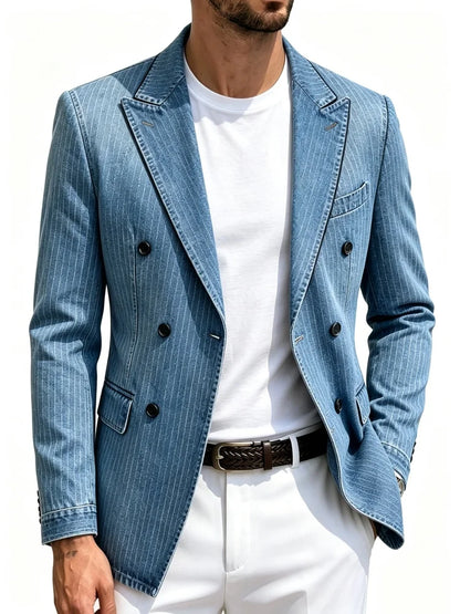 Mens Light Blue Faux Denim Pinstripe Double Breasted Blazer Peak Lapel Slim Fit Suit Jacket Men Casual Business Sport Coat