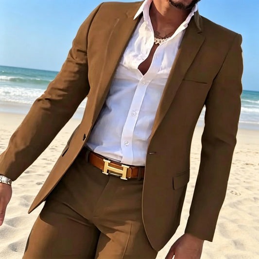 Summer Linen Men's 2-Piece Suit Casual Notched Lapel Blazer Pants Slim Fit Set for Daily Wedding Groom Party Prom Custom Tuxedo
