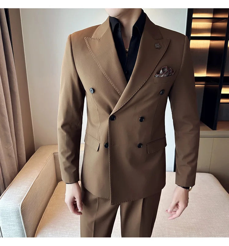 (Blazer + Trousers) Fashion Double Breasted Design Slim Men's Suit Italian Style Luxury Wedding Social Party Tuxedo 2 Piece Set