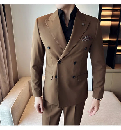 (Blazer + Trousers) Fashion Double Breasted Design Slim Men's Suit Italian Style Luxury Wedding Social Party Tuxedo 2 Piece Set