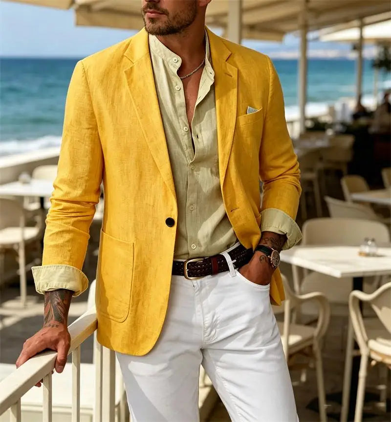 Men's Cotton Linen Blazer Solid Slim Fit Breathable Lightweight Casual Sport Coat One Button Lapel Suit Jacket for Daily Summer